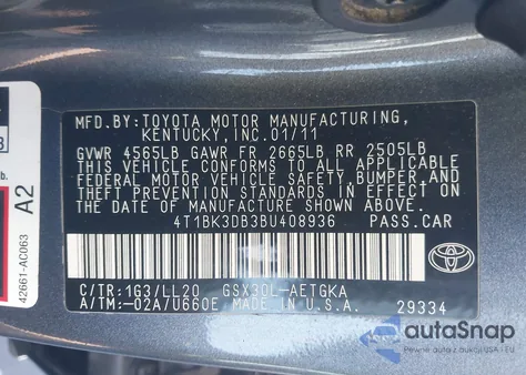 2011 Toyota Avalon z USA, uszkodzony, nr VIN 4T1BK3DB3BU408936